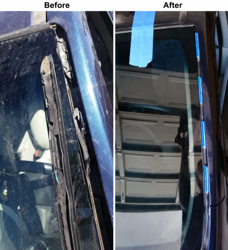 Before and after windshield molding and clip replacement on a blue 2011 Honda Pilot