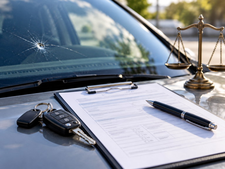 Clipboard and car keys on a vehicle hood beside a chipped windshield and scales of justice