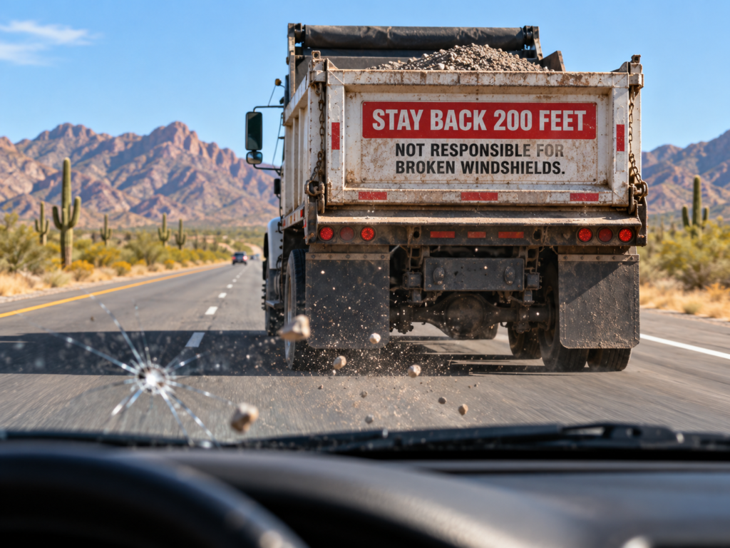 Dump truck on an Arizona highway with a “Stay Back 200 Feet Not Responsible for Broken Windshields” sign as debris flies toward a cracked windshield.