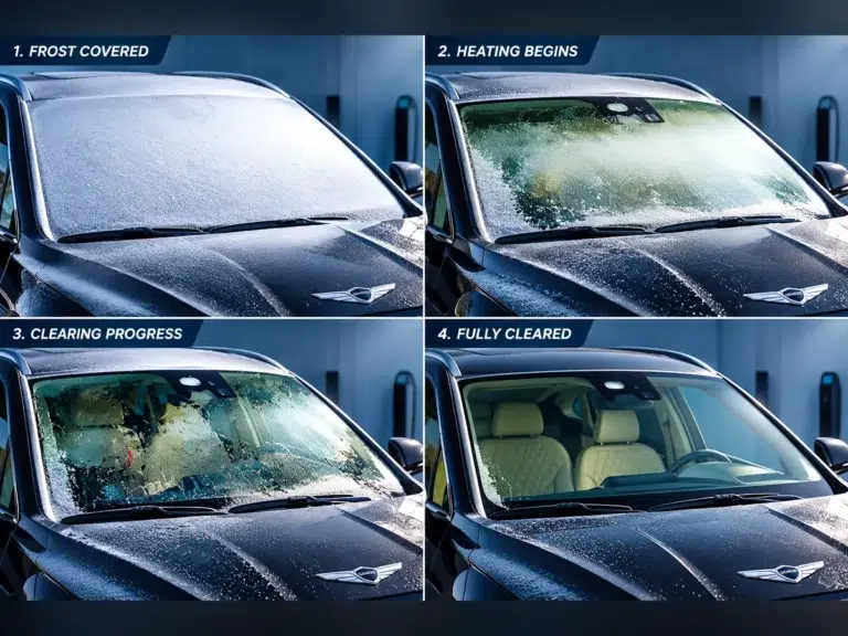 Four-panel illustration of a Genesis windshield progressively clearing frost using heated glass technology