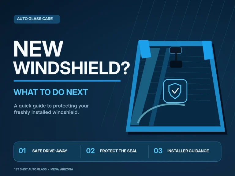 Illustration of a newly installed windshield with blue retention tape and windshield aftercare tips