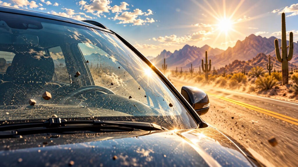 Arizona desert highway with sunlight, blowing dust, and road debris approaching a vehicle windshield.