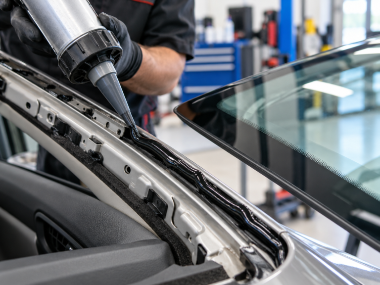 Technician applying windshield urethane adhesive to the vehicle pinchweld before windshield installation