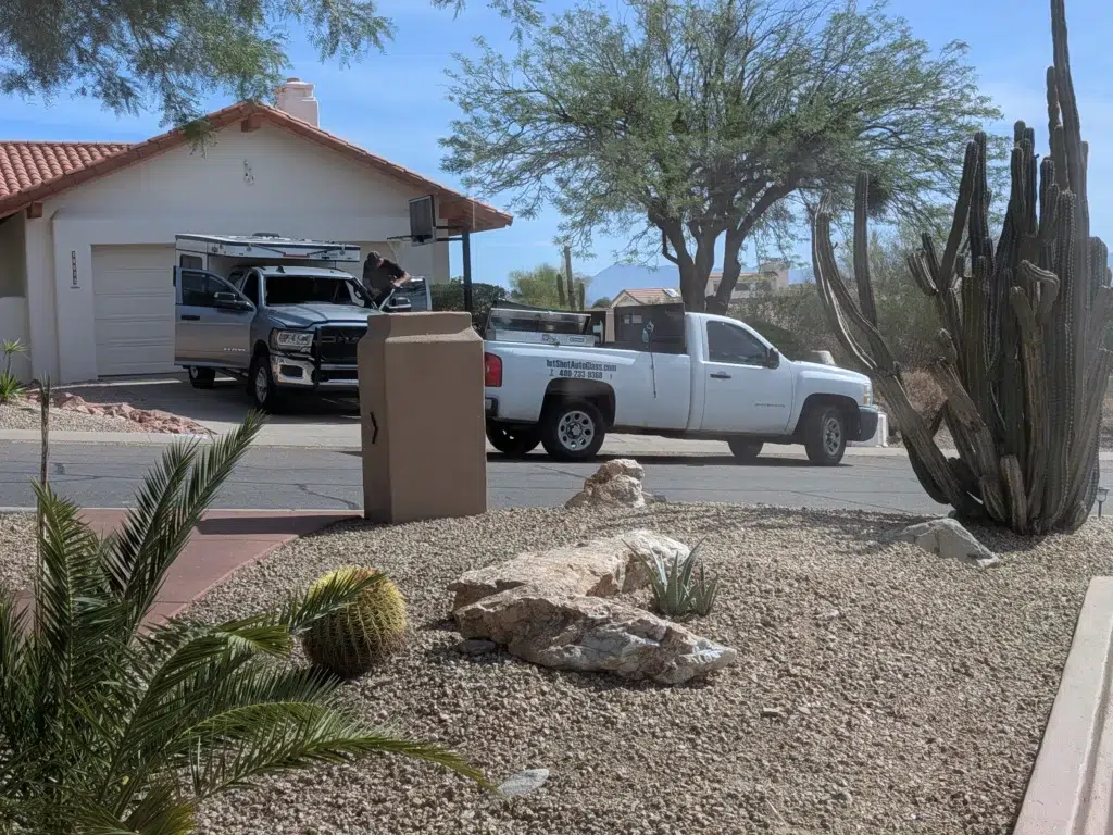 Patrick from 1st Shot Auto Glass replacing windshield on Dodge Ram at home in Fountain Hills Arizona