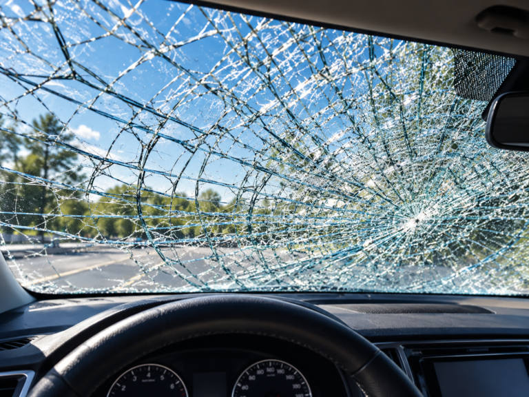 Shattered laminated windshield glass holding together inside a vehicle