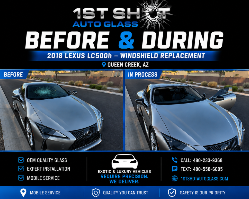 Before and during windshield replacement on a silver 2018 Lexus LC500h in Queen Creek, Arizona. The before image shows windshield damage, while the in-process image shows the windshield removed during professional mobile auto glass installation by 1st Shot Auto Glass.