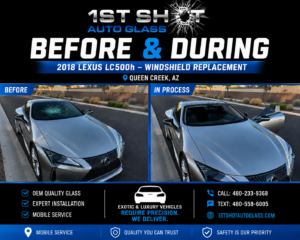 Before and during windshield replacement on a silver 2018 Lexus LC500h in Queen Creek, Arizona. The before image shows windshield damage, while the in-process image shows the windshield removed during professional mobile auto glass installation by 1st Shot Auto Glass.