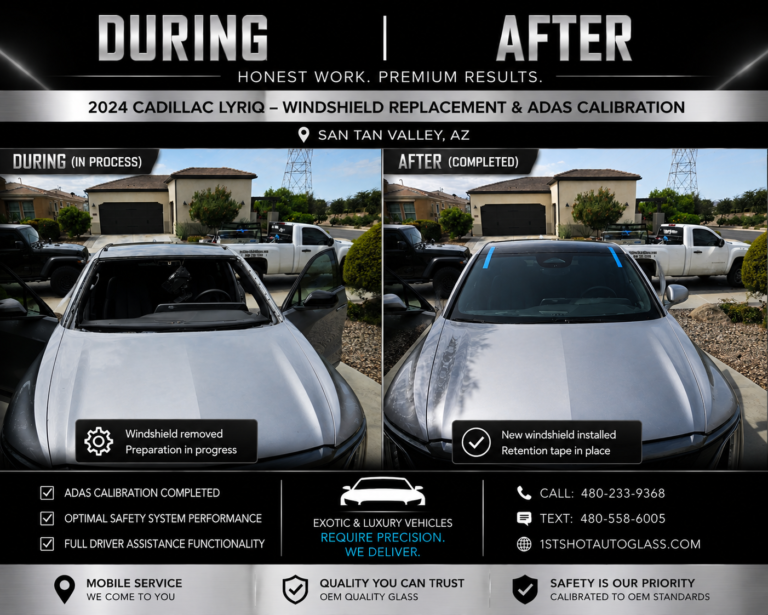 Windshield Replacement in Mesa & Surrounding Areas 5 During and after windshield replacement with ADAS calibration on a 2024 Cadillac Lyriq in San Tan Valley AZ