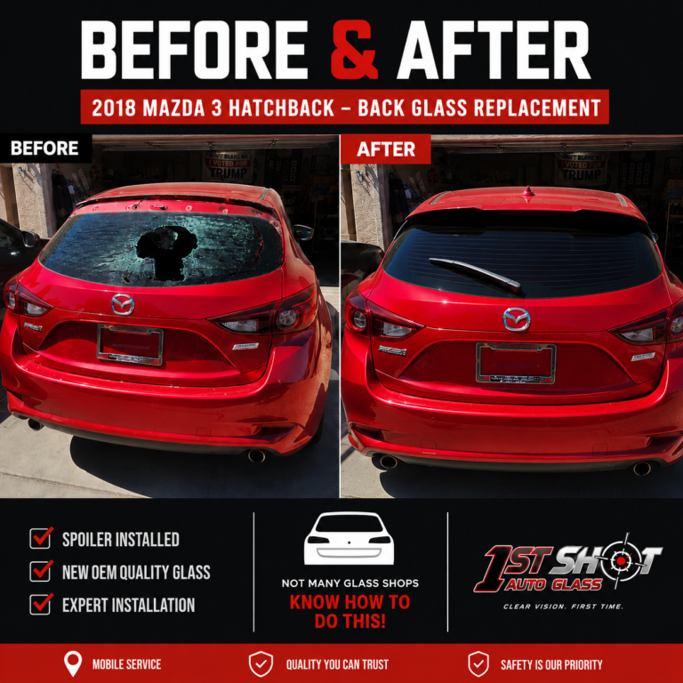 Windshield Replacement in Mesa & Surrounding Areas 4 Before and after back glass replacement on a red 2018 Mazda 3 hatchback. The before image shows shattered rear glass with the spoiler removed, while the after image shows newly installed OEM-quality back glass with the spoiler professionally reinstalled by 1st Shot Auto Glass.
