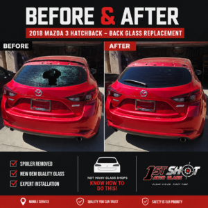 Back Glass Replacement In Chandler 1 Before and after rear back glass replacement on a red 2018 Mazda 3 hatchback. The before image shows shattered rear glass with the spoiler removed, while the after image shows newly installed OEM-quality back glass and fully reassembled rear components.