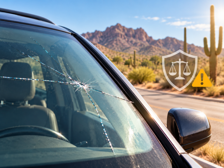 Cracked vehicle windshield with an Arizona desert landscape in the background