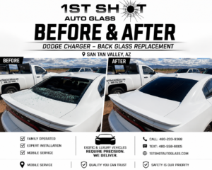 Before and after back glass replacement on a white Dodge Charger in San Tan Valley, Arizona. The before image shows shattered rear glass, while the after image shows professionally installed replacement back glass by 1st Shot Auto Glass.