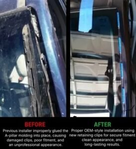Honda Windshield Replacement | 1st Shot Auto Glass 2 Before and after Honda Pilot windshield replacement showing damaged glued A-pillar molding versus proper OEM-style clip installation by 1st Shot Auto Glass