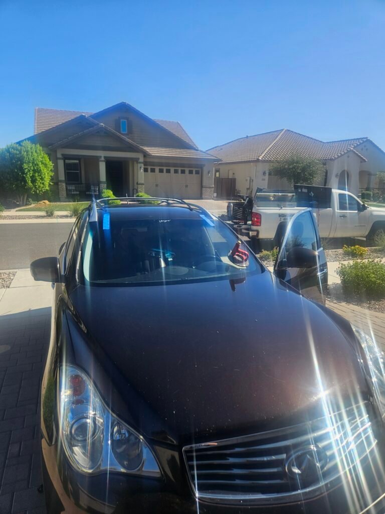 Mobile windshield replacement on a 2009 Infiniti EX35 in Queen Creek, Arizona by 1st Shot Auto Glass.