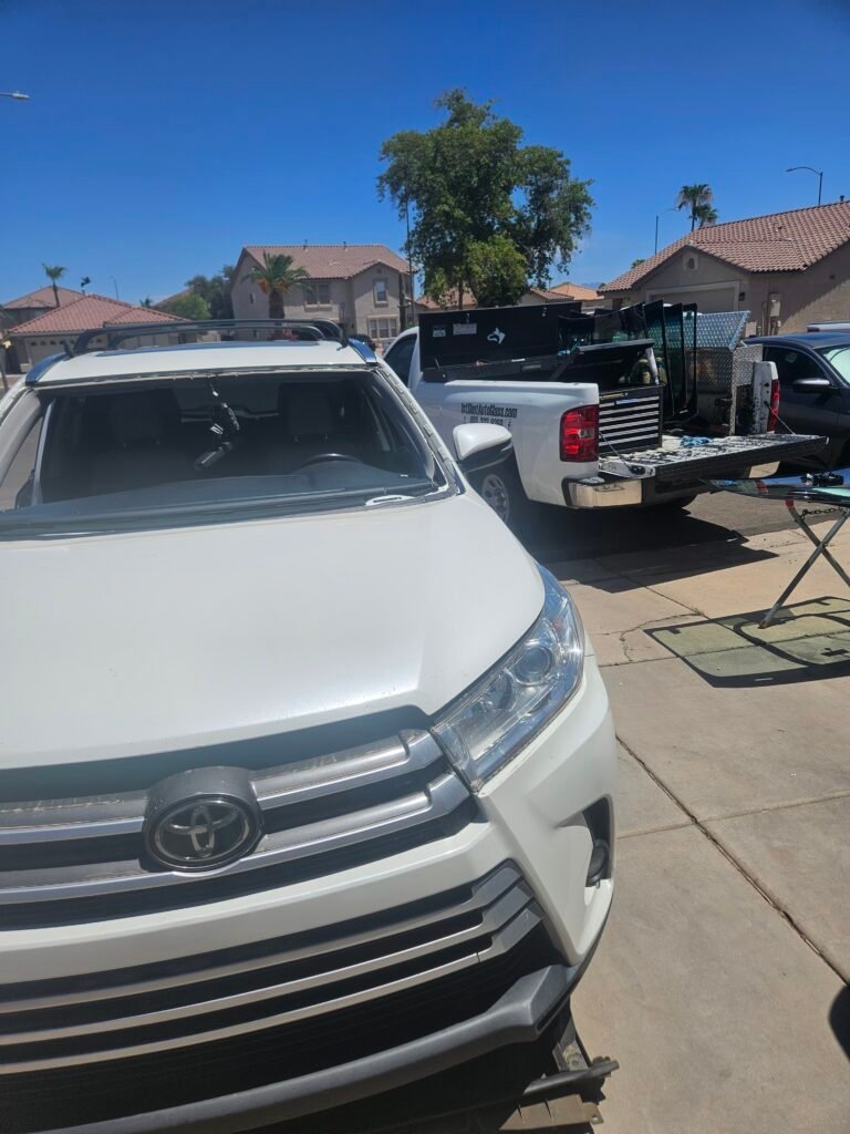 Windshield removed from a 2018 Toyota Highlander during mobile windshield replacement in Mesa, Arizona.
