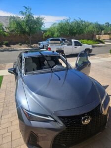 Windshield removed from a 2023 Lexus IS 350 during a mobile windshield replacement in Gilbert, Arizona.