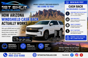 Up To $450 Cash Back | Windshield Replacement Mesa 6 Arizona windshield replacement cash back program explained with Chevrolet Suburban and ADAS calibration in front of the Superstition Mountains.