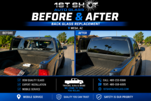 Before and after comparison of a 2009 GMC Sierra back glass replacement completed by 1st Shot Auto Glass in Chandler, AZ.