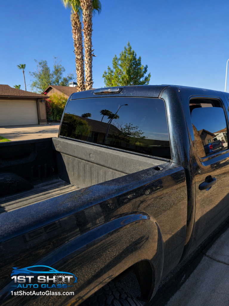 Completed mobile back glass replacement on a 2009 GMC Sierra in Chandler, Arizona.