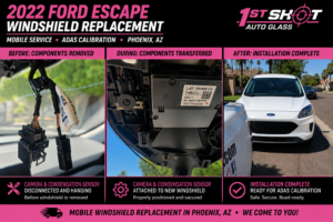 Before, during, and after graphic showing ADAS camera removal, condensation sensor transfer, and completed 2022 Ford Escape windshield replacement in Phoenix, Arizona.