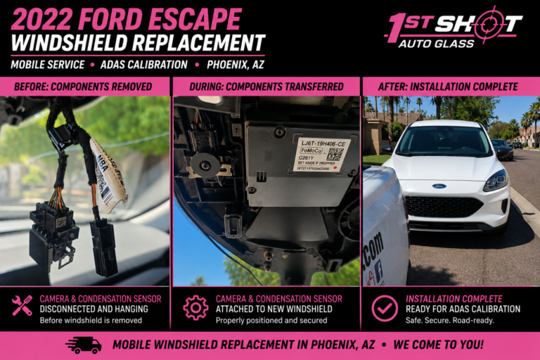 Windshield Replacement in Mesa & Surrounding Areas 3 Before, during, and after graphic showing ADAS camera removal, condensation sensor transfer, and completed 2022 Ford Escape windshield replacement in Phoenix, Arizona.