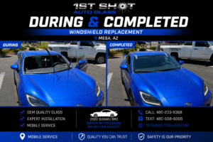 During and completed comparison of a 2022 Subaru BRZ windshield replacement performed by 1st Shot Auto Glass in Mesa, AZ.