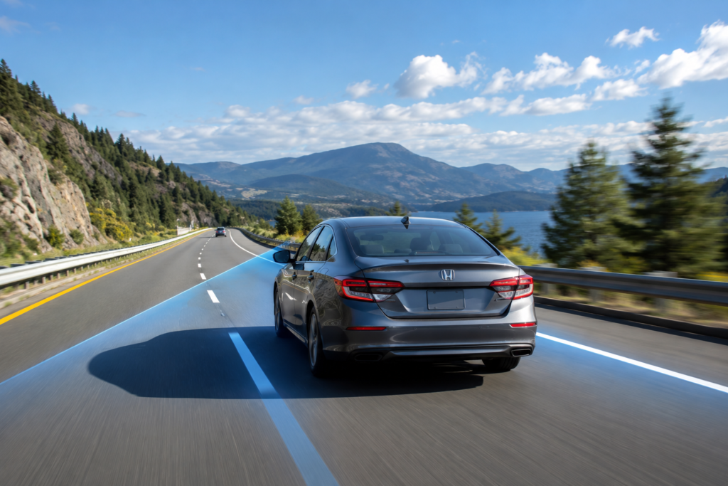 Vehicle driving on a marked highway during dynamic ADAS calibration after windshield replacement to verify lane keep assist and forward-facing camera operation.