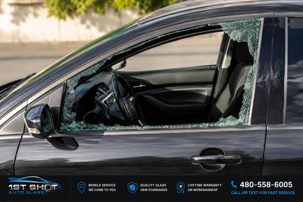 Broken driver side door window with shattered tempered glass before mobile side door glass replacement by 1st Shot Auto Glass.