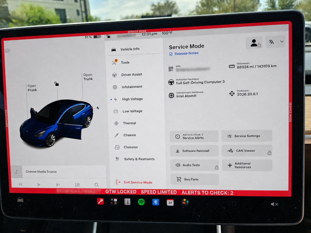 Tesla Model 3 Service Mode used after rain and condensation sensor replacement in Gilbert AZ