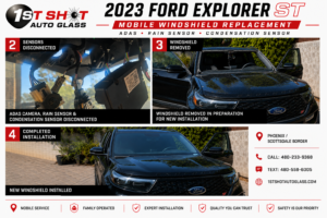 2023 Ford Explorer ST windshield replacement showing ADAS camera and rain sensor disconnection, windshield removal, and completed installation by 1st Shot Auto Glass near the Phoenix and Scottsdale border.