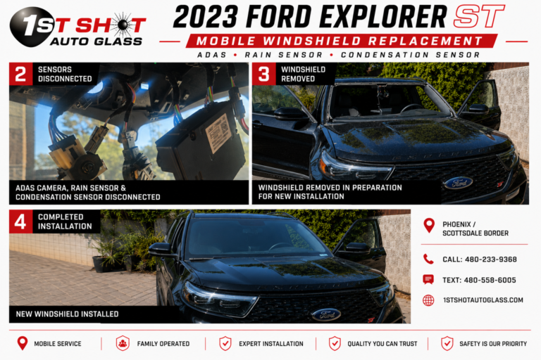 Windshield Replacement in Mesa & Surrounding Areas 1 2023 Ford Explorer ST windshield replacement showing ADAS camera and rain sensor disconnection, windshield removal, and completed installation by 1st Shot Auto Glass near the Phoenix and Scottsdale border.