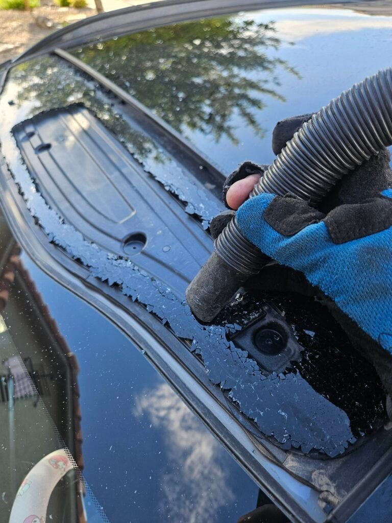 Removing broken roof glass from a 2023 Kia Sportage in Gilbert, AZ