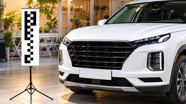 Static ADAS windshield camera calibration target beside a white SUV