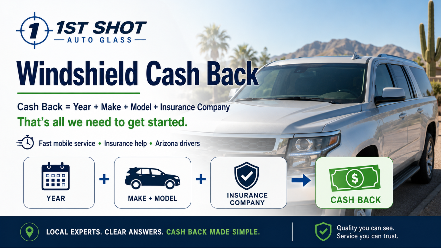 Windshield cash back information showing year, make, model and insurance company details needed to get started