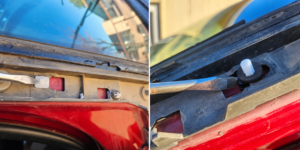 Old windshield molding clip removal on the left and replacement clip installation on the right