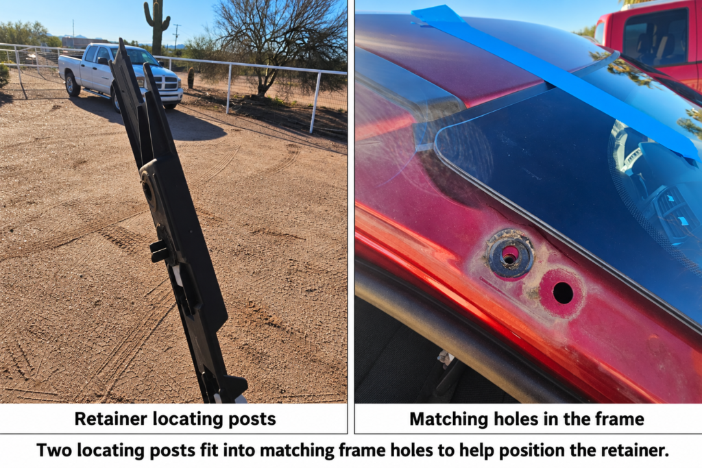 Side-by-side views of the windshield molding retainer’s locating posts and matching holes in the Ford Explorer’s frame