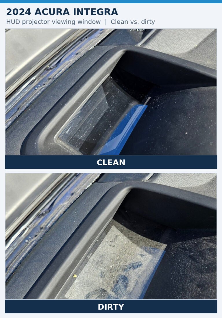 2024 Acura Integra HUD projector clean and dirty viewing windows shown in a vertical comparison during windshield replacement in Phoenix AZ