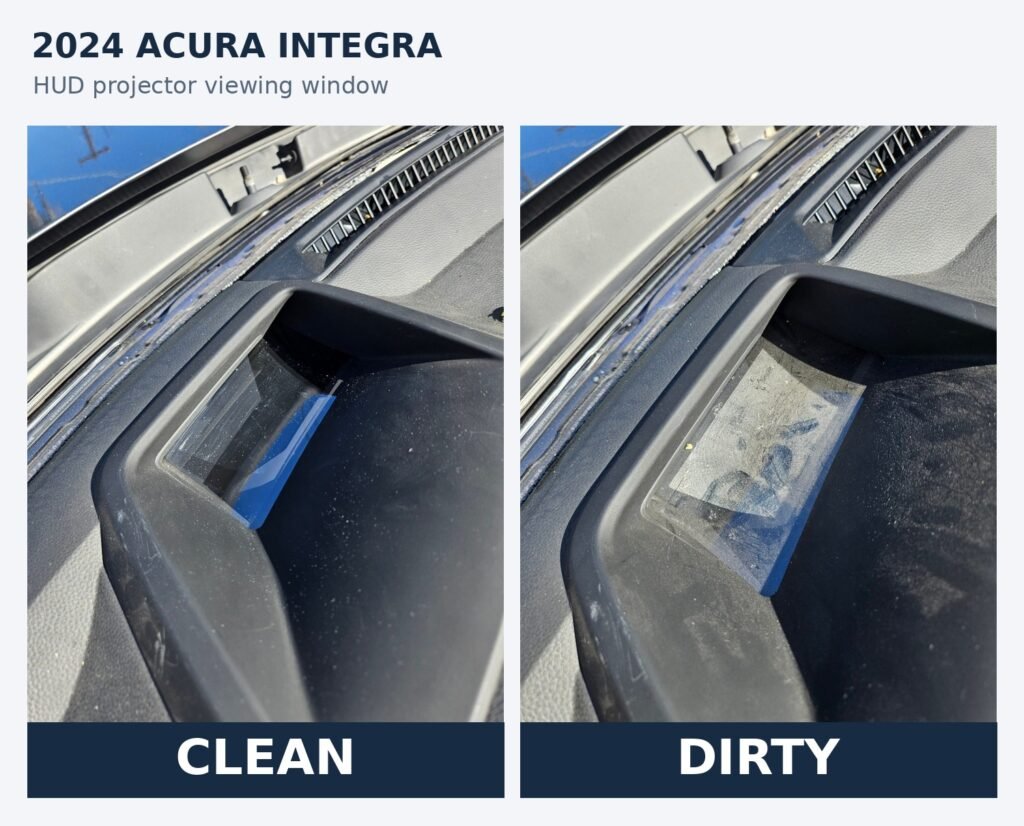 Side-by-side comparison of clean and dirty heads-up display projector viewing windows on a 2024 Acura Integra.