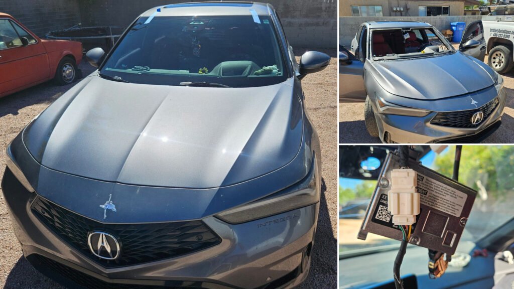 2024 Acura Integra windshield replacement showing completed installation, windshield removal, and ADAS camera components in Phoenix, Arizona.