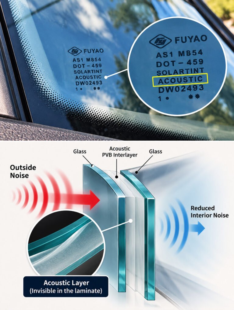 Diagram of an acoustic windshield showing an invisible sound-dampening PVB interlayer between glass layers and reduced interior noise.
