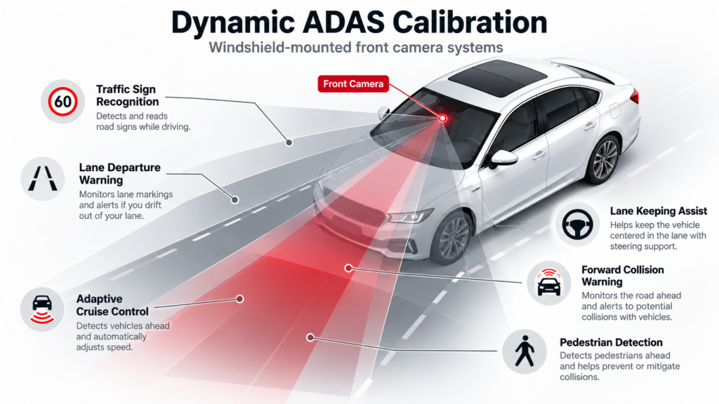 Infographic showing dynamic ADAS calibration for a windshield-mounted front camera with lane departure warning, adaptive cruise control, traffic sign recognition, lane keeping assist, forward collision warning, and pedestrian detection