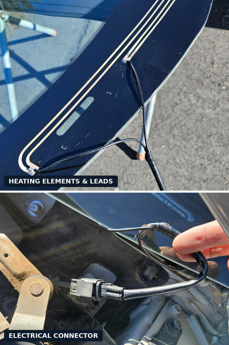 Heated windshield comparison showing built-in heating elements at the top edge of the glass and the electrical connector used to power the heated windshield.