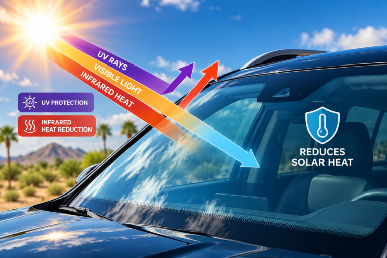 Solar-control windshield illustration showing UV rays and infrared heat being reduced while visible light passes through the glass.