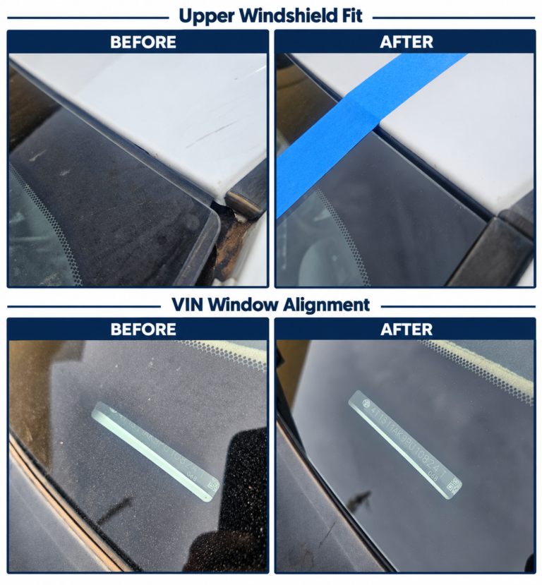 Before-and-after comparison of a 2023 Toyota Camry showing improved upper windshield fit and VIN window alignment in Apache Junction.