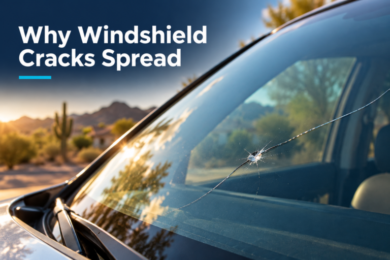 Illustration of a windshield chip with a spreading crack in an Arizona desert setting.