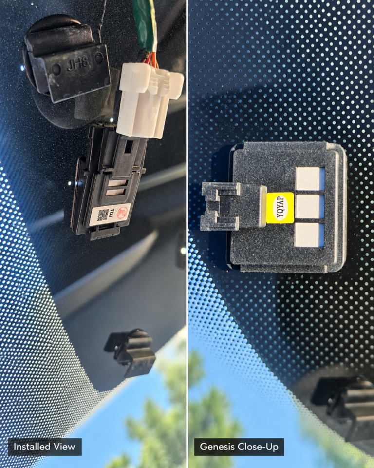 Windshield condensation sensor comparison showing a 2024 Hyundai Palisade sensor assembly and a close-up of a 2015 Hyundai Genesis sensor.
