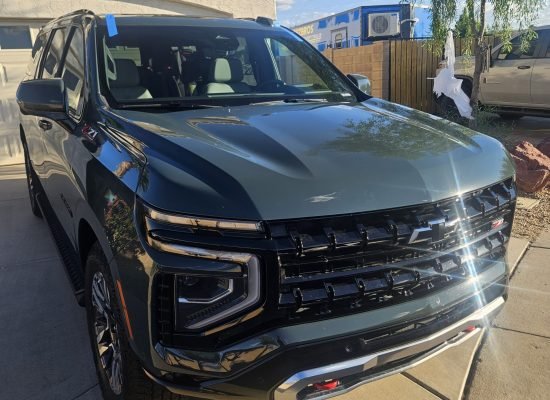 Mobile Windshield Replacement in Mesa, AZ & Greater Phoenix 2 Green 2026 Chevrolet Suburban Z71 with newly installed windshield following mobile replacement in Mesa Arizona